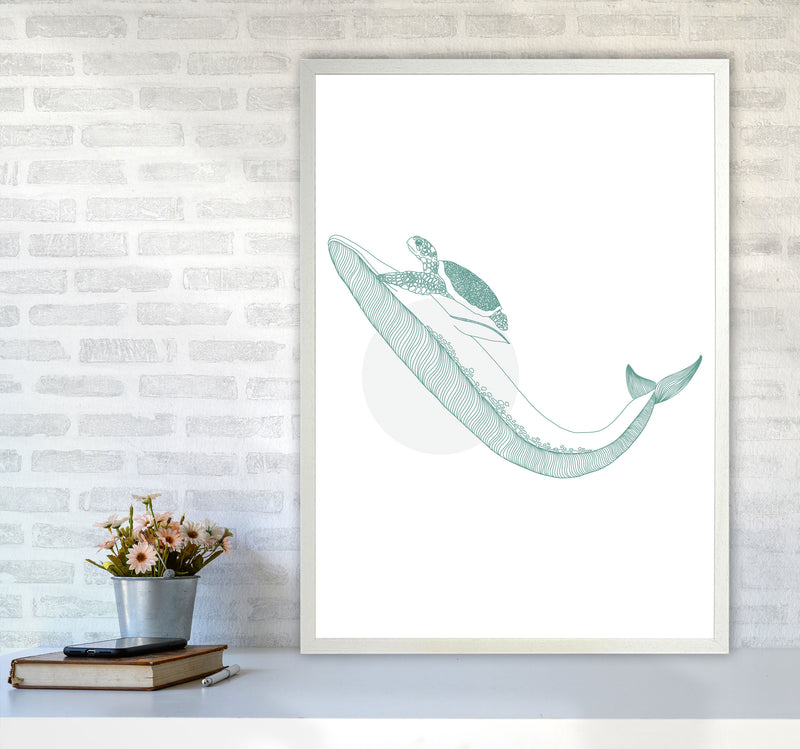 Marine Animals Whale And Turtle Modern Print Animal Art Print A1 Oak Frame