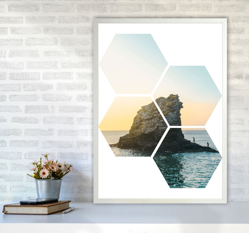 Abstract Hex Island And Sea Modern Print A1 Oak Frame