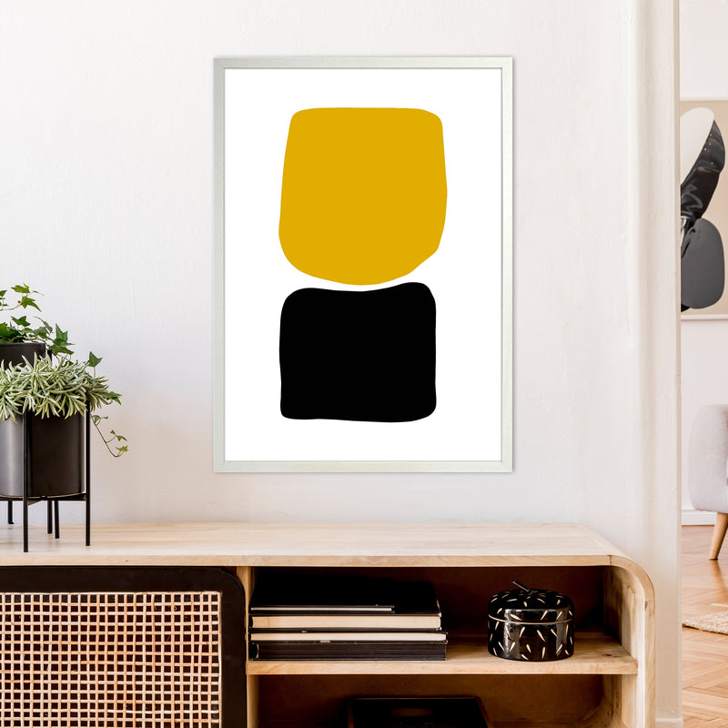 Mustard And Black Abstract Stones 3 Art Print by Pixy Paper A1 Oak Frame