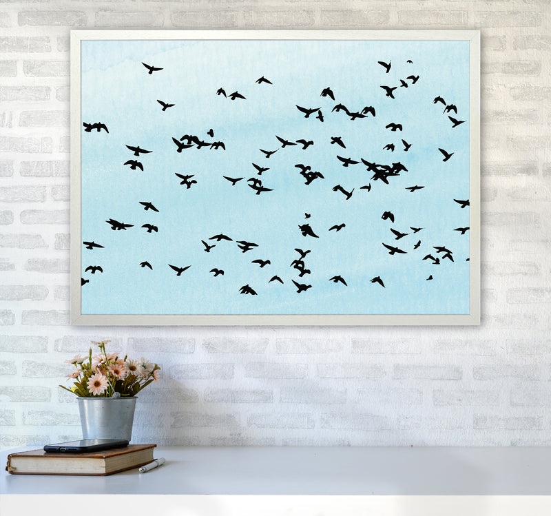 Flock Of Birds Landscape Blue Sky Art Print by Pixy Paper A1 Oak Frame