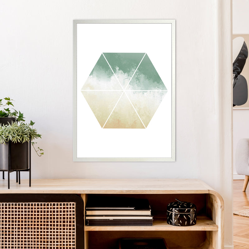 Green And Beige Watercolour Hexagon Abstract  Art Print by Pixy Paper A1 Oak Frame