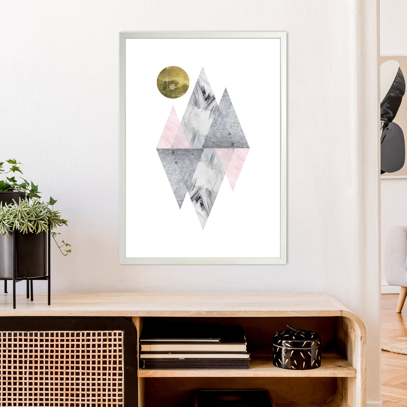 Luna Pink And Grey Diamonds With Gold Moon  Art Print by Pixy Paper A1 Oak Frame