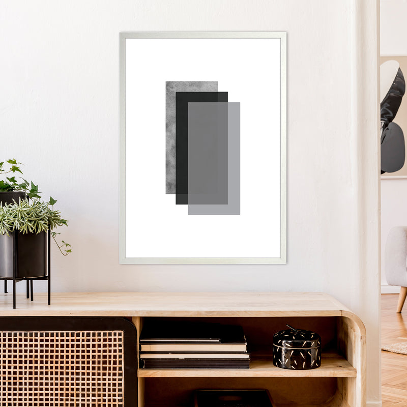 Geometric Grey And Black Rectangles  Art Print by Pixy Paper A1 Oak Frame