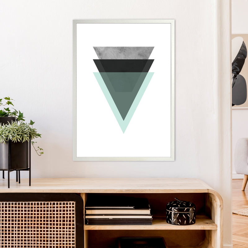 Geometric Mint And Black Triangles  Art Print by Pixy Paper A1 Oak Frame