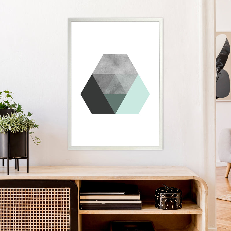 Geometric Mint And Black Hexagon  Art Print by Pixy Paper A1 Oak Frame