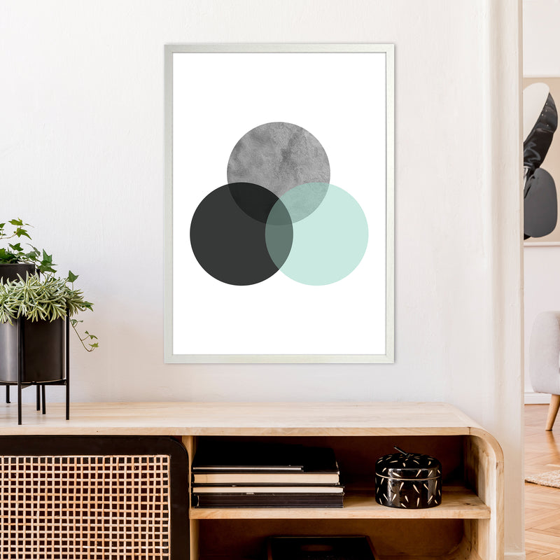 Geometric Mint And Black Circles  Art Print by Pixy Paper A1 Oak Frame