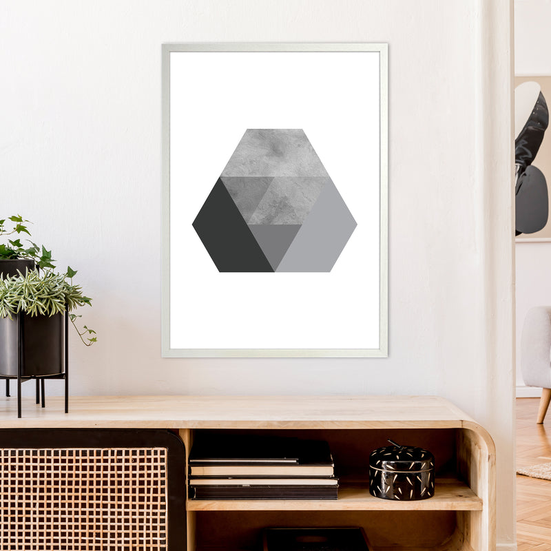 Geometric Grey And Black Hexagon  Art Print by Pixy Paper A1 Oak Frame