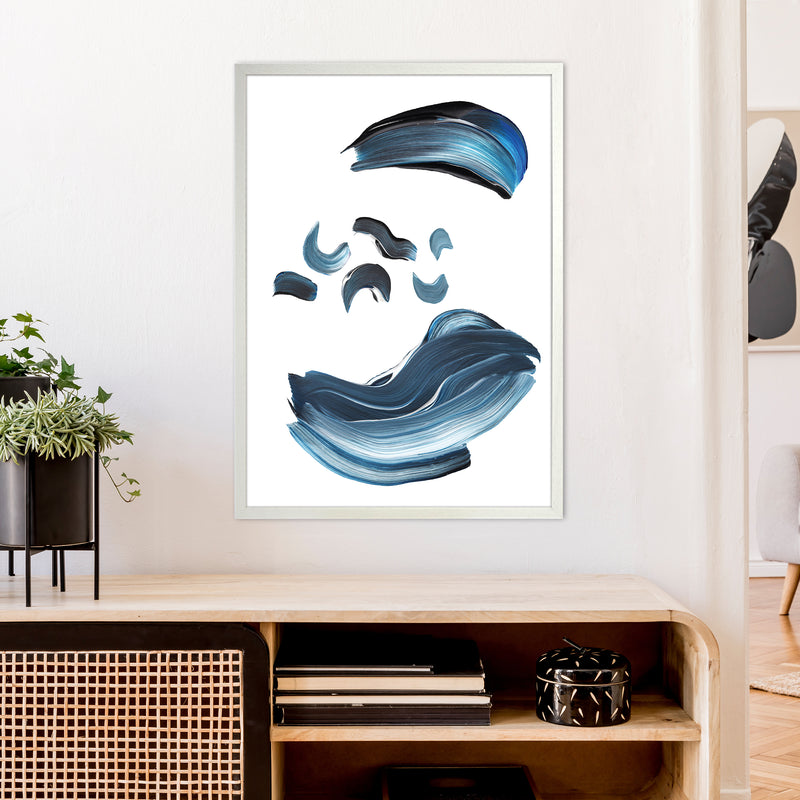 Dark Blue And Grey Paint Strokes  Art Print by Pixy Paper A1 Oak Frame