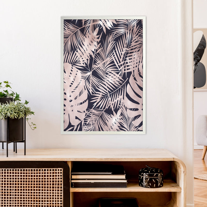 Lux Leaf Print Pink And Navy  Art Print by Pixy Paper A1 Oak Frame