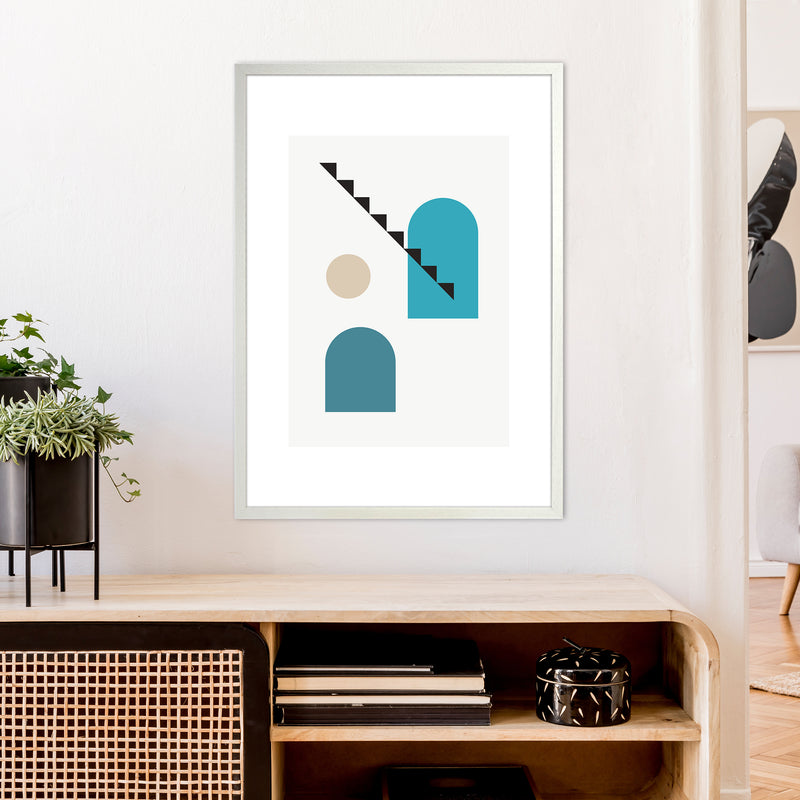 Mita Teal Stairs Left N3  Art Print by Pixy Paper A1 Oak Frame