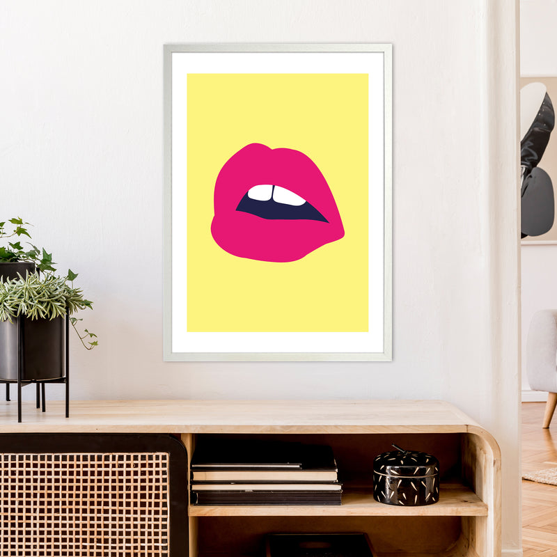 Pink Lips Yellow Back  Art Print by Pixy Paper A1 Oak Frame