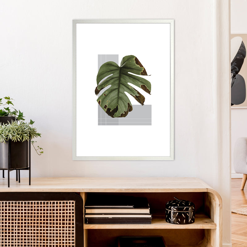 Green Leaf Grey  Art Print by Pixy Paper A1 Oak Frame
