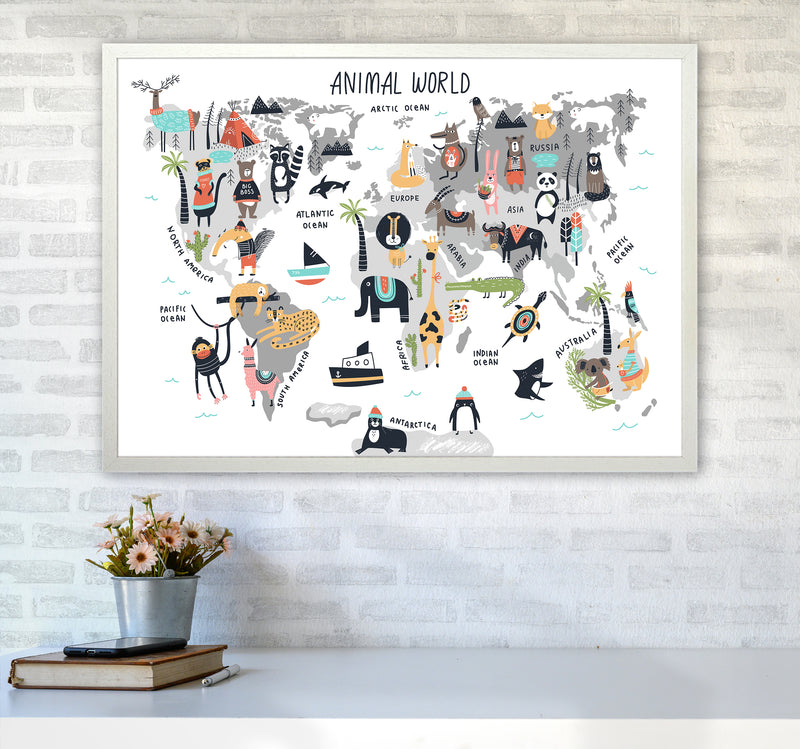 Animal World Map  Art Print by Pixy Paper A1 Oak Frame