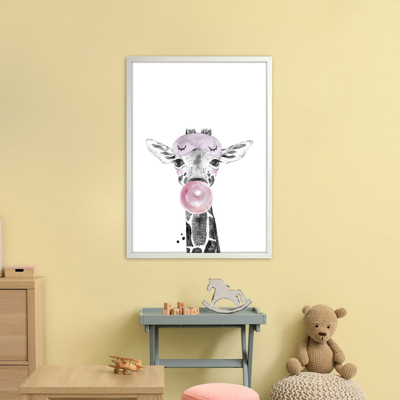 Safari Babies Giraffe With Bubble  Art Print by Pixy Paper A1 Oak Frame