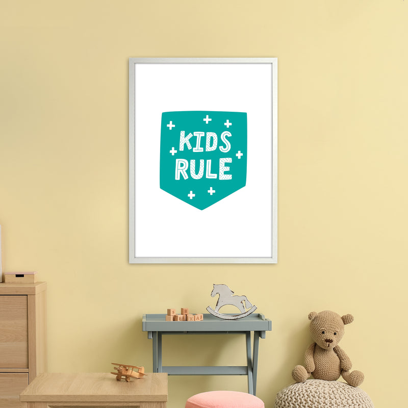 Kids Rule Teal Super Scandi  Art Print by Pixy Paper A1 Oak Frame