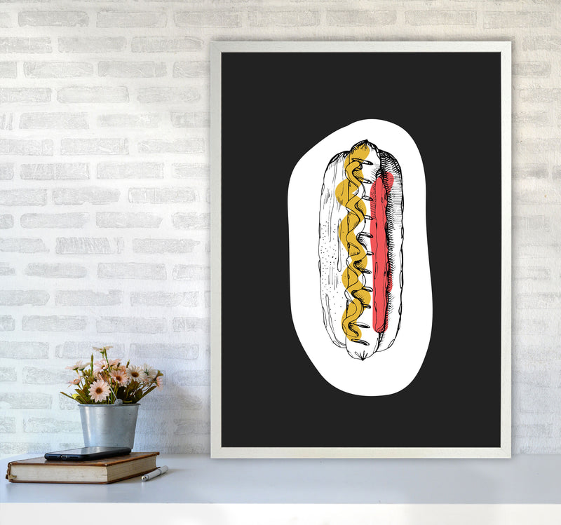 Kitchen Pop Hot Dog Off Black Art Print by Pixy Paper A1 Oak Frame