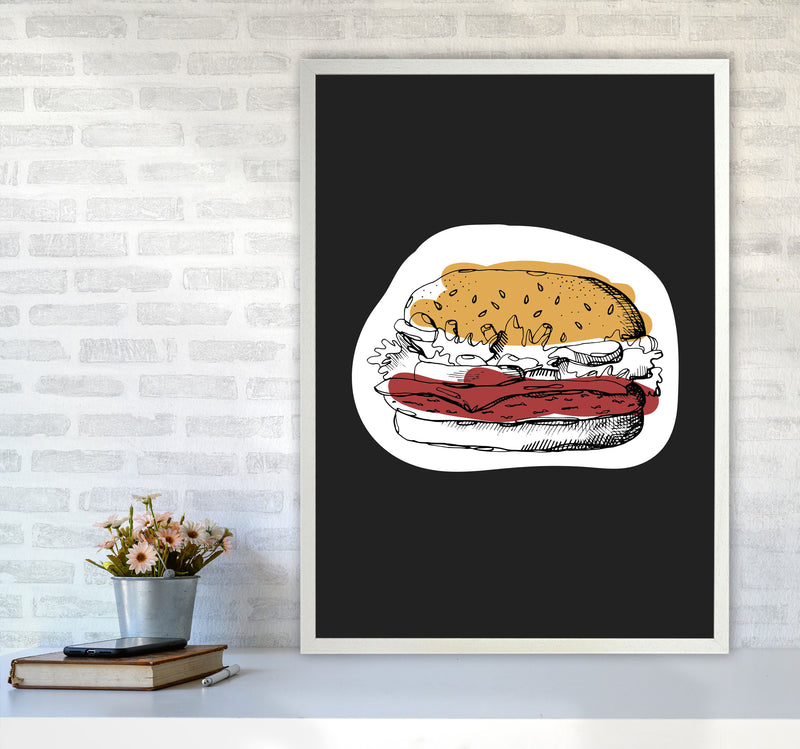 Kitchen Pop Burger Off Black Art Print by Pixy Paper A1 Oak Frame