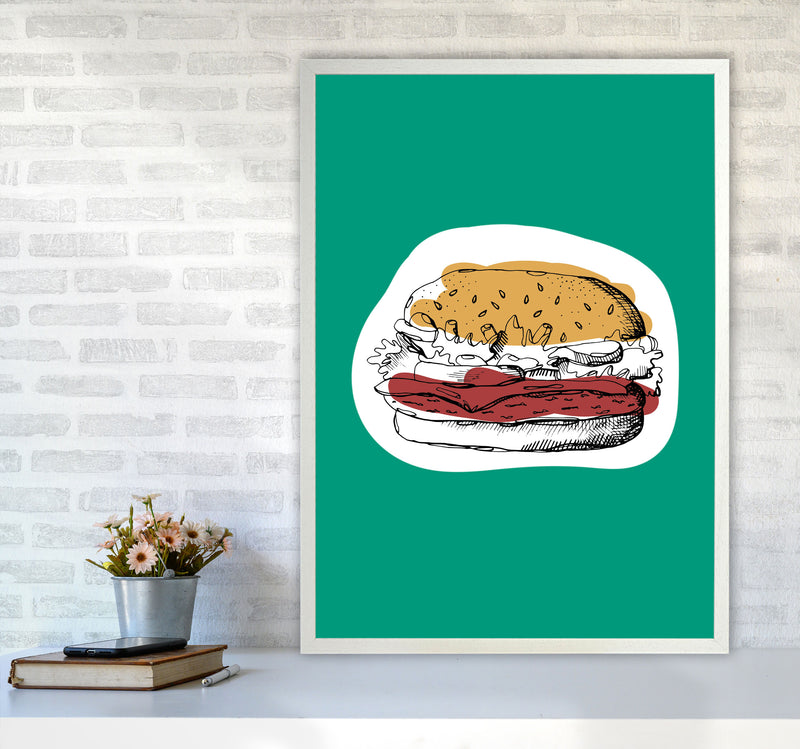 Kitchen Pop Burger Teal Art Print by Pixy Paper A1 Oak Frame