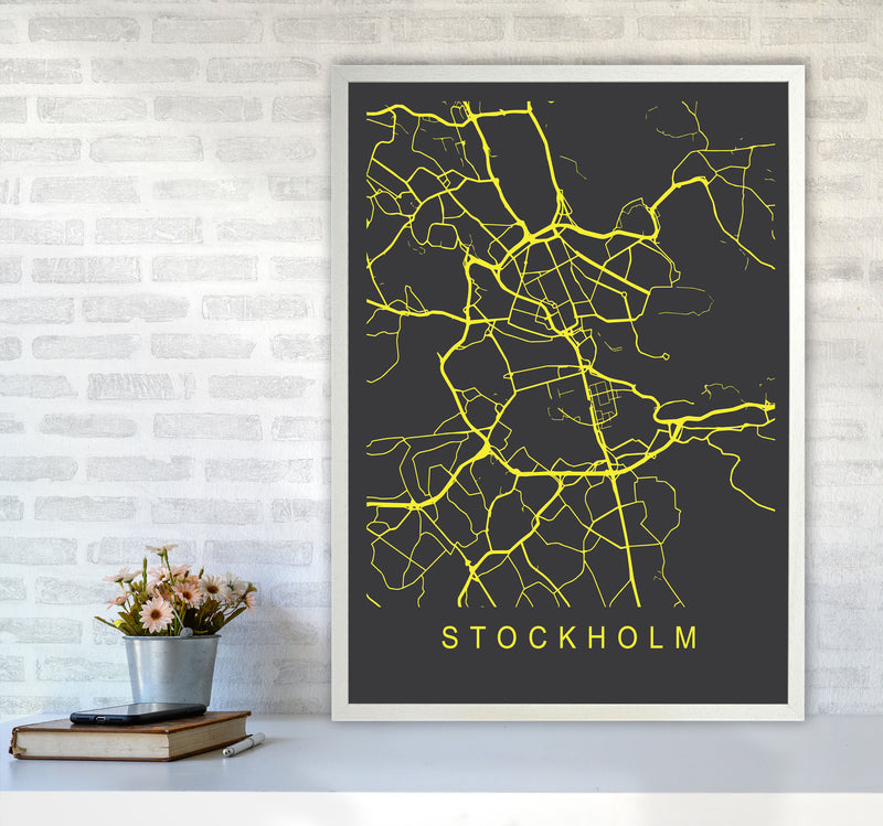 Stockholm Map Neon Art Print by Pixy Paper A1 Oak Frame