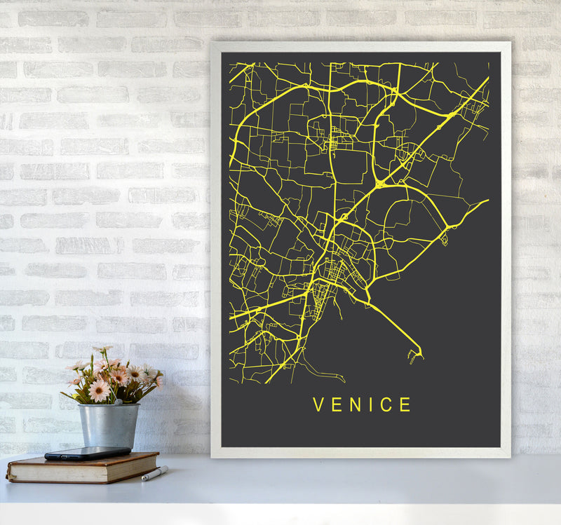 Venice Map Neon Art Print by Pixy Paper A1 Oak Frame