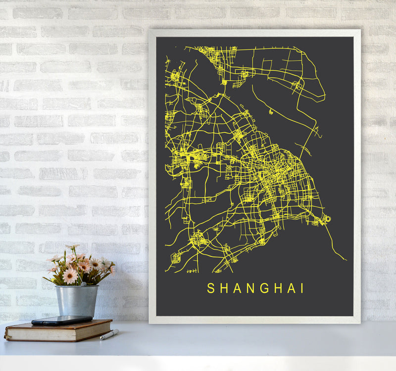 Shanghai Map Neon Art Print by Pixy Paper A1 Oak Frame