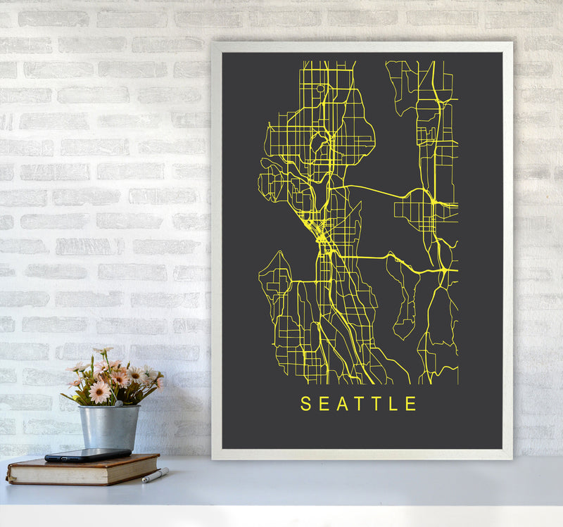 Seattle Map Neon Art Print by Pixy Paper A1 Oak Frame
