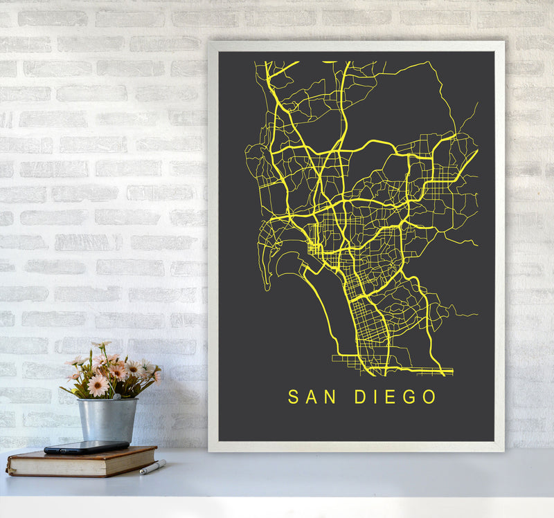 San Diego Map Neon Art Print by Pixy Paper A1 Oak Frame