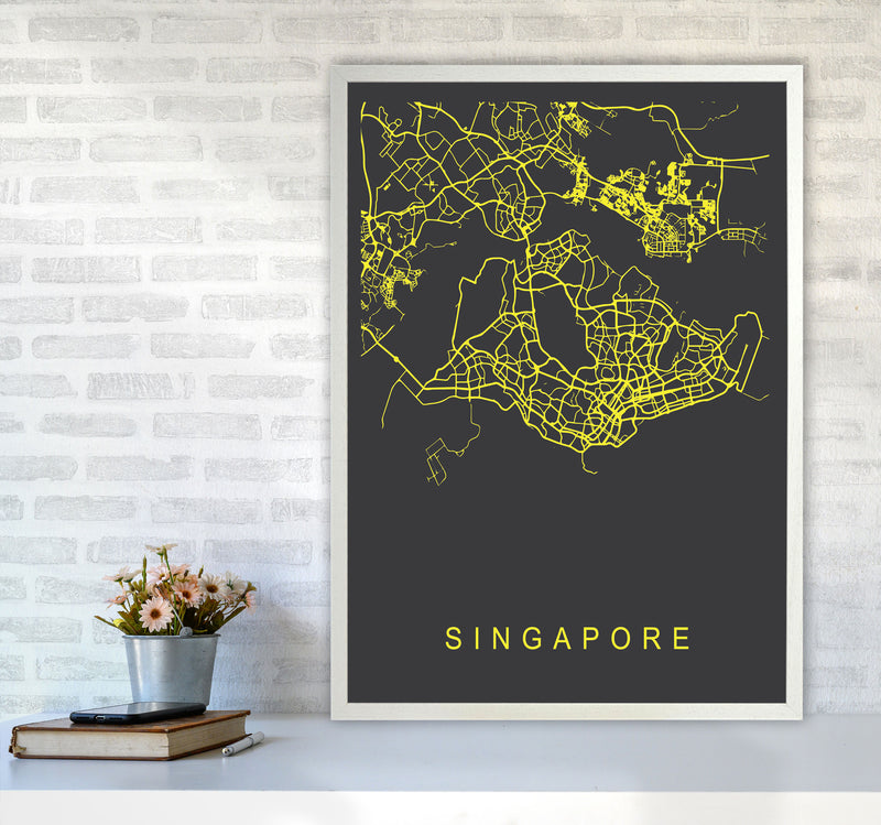 Singapore Map Neon Art Print by Pixy Paper A1 Oak Frame