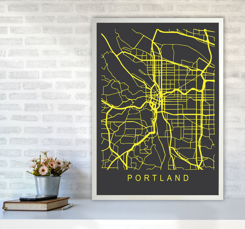 Portland Map Neon Art Print by Pixy Paper A1 Oak Frame