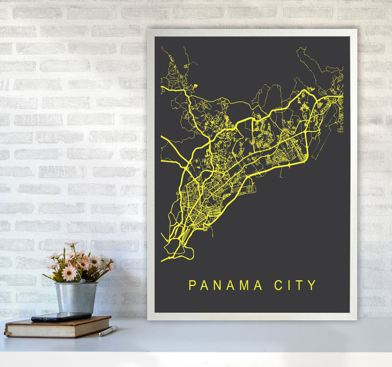 Panama City Map Neon Art Print by Pixy Paper A1 Oak Frame