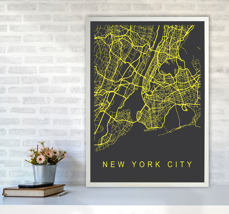 New York City Map Neon Art Print by Pixy Paper A1 Oak Frame