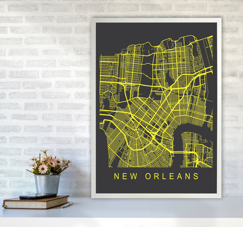 New Orleans Map Neon Art Print by Pixy Paper A1 Oak Frame