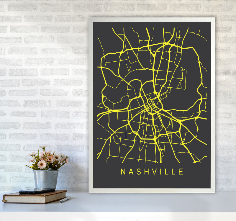 Nashville Map Neon Art Print by Pixy Paper A1 Oak Frame