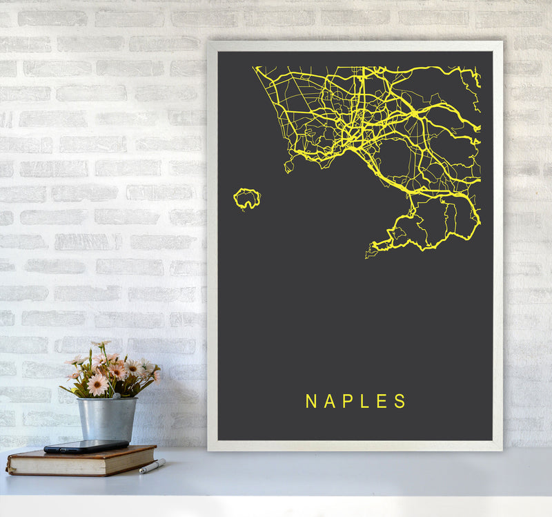 Naples Map Neon Art Print by Pixy Paper A1 Oak Frame