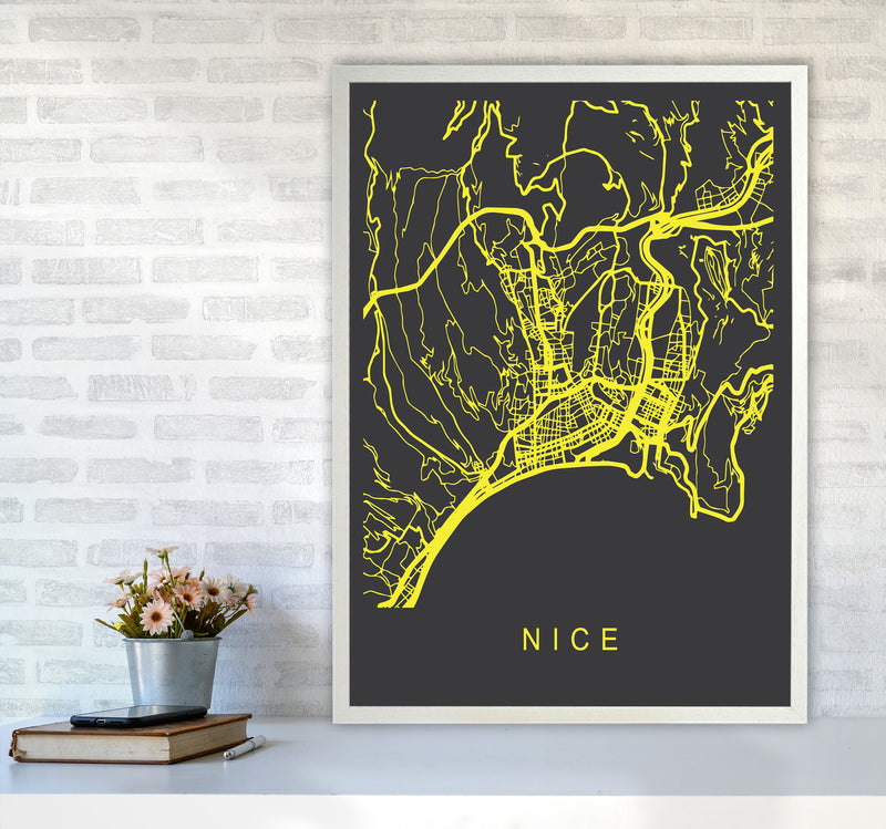 Nice Map Neon Art Print by Pixy Paper A1 Oak Frame