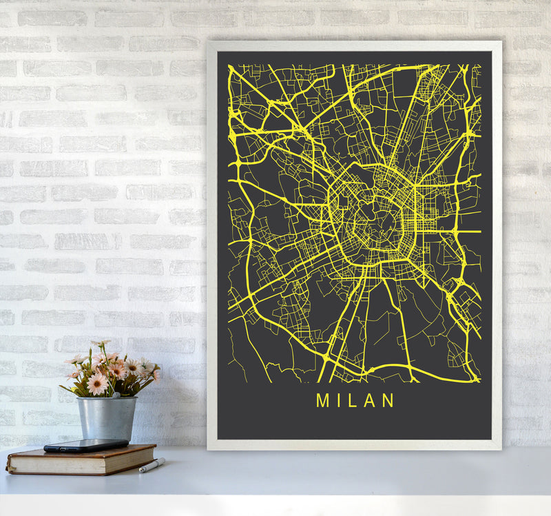 Milan Map Neon Art Print by Pixy Paper A1 Oak Frame