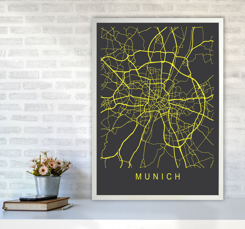 Munich Map Neon Art Print by Pixy Paper A1 Oak Frame