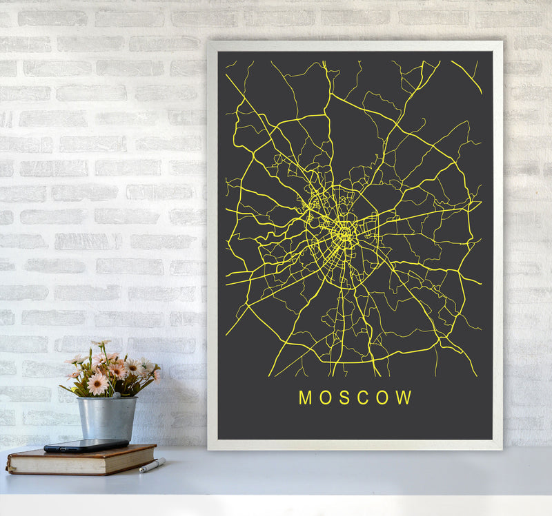 Moscow Map Neon Art Print by Pixy Paper A1 Oak Frame