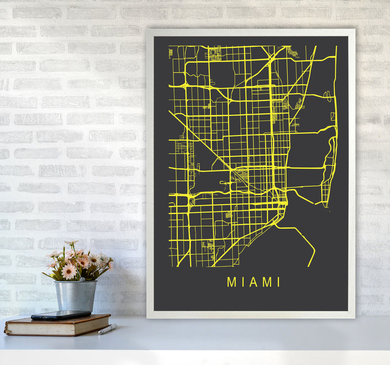 Miami Map Neon Art Print by Pixy Paper A1 Oak Frame