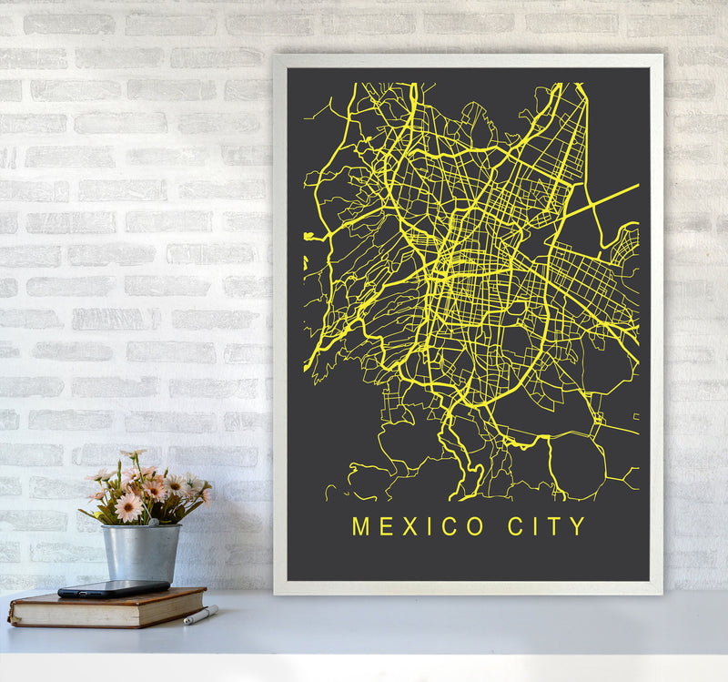 Mexico City Map Neon Art Print by Pixy Paper A1 Oak Frame