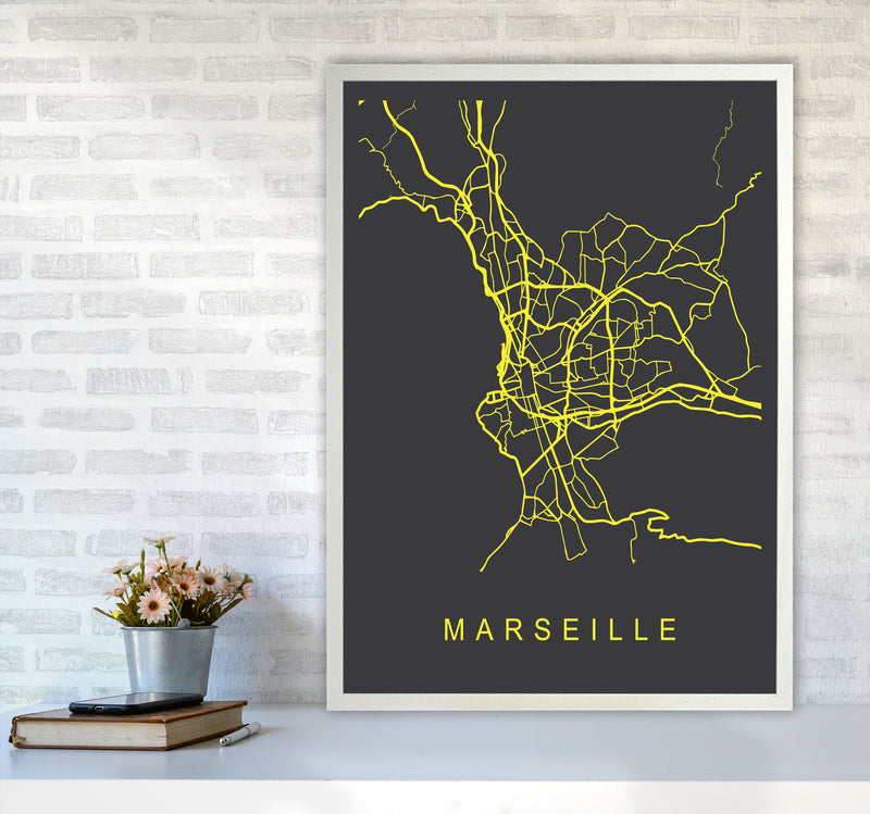 Marseille Map Neon Art Print by Pixy Paper A1 Oak Frame