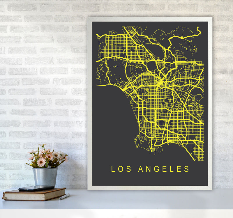 Los Angeles Map Neon Art Print by Pixy Paper A1 Oak Frame