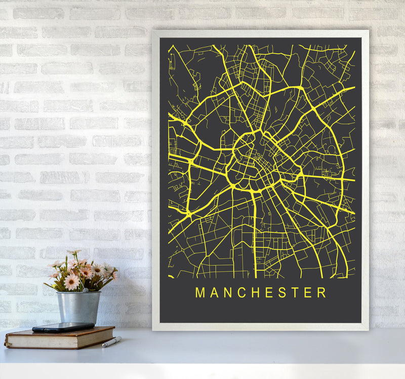 Manchester Map Neon Art Print by Pixy Paper A1 Oak Frame