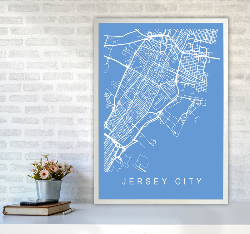Jersey City Map Blueprint Art Print by Pixy Paper A1 Oak Frame