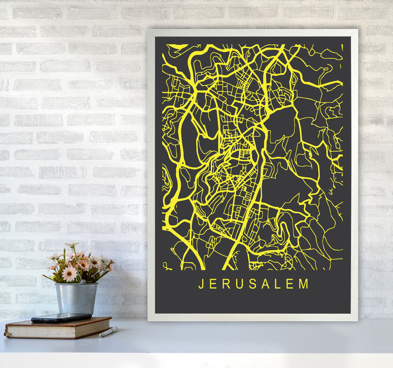 Jerusalem Map Neon Art Print by Pixy Paper A1 Oak Frame