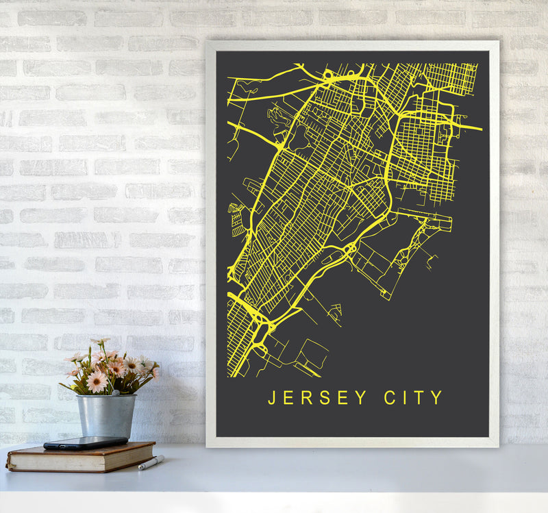 Jersey Map Neon Art Print by Pixy Paper A1 Oak Frame