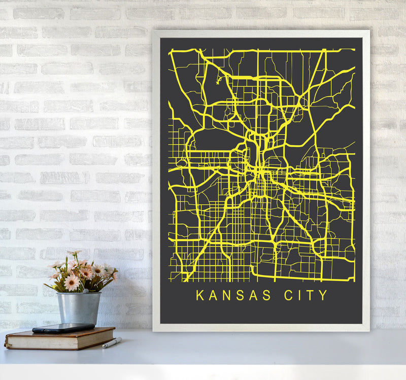 Kansas City Map Neon Art Print by Pixy Paper A1 Oak Frame
