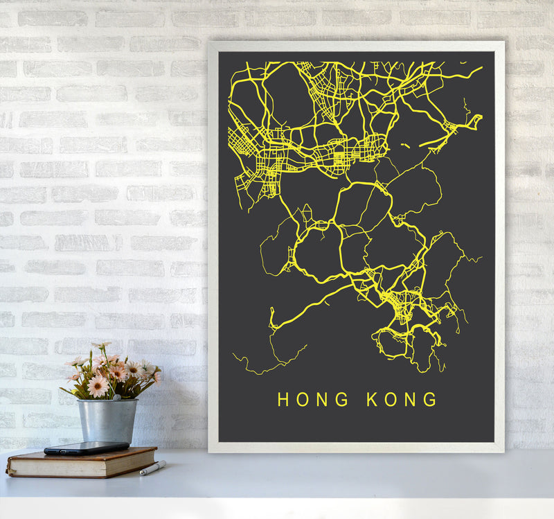 Hong Kong Map Neon Art Print by Pixy Paper A1 Oak Frame
