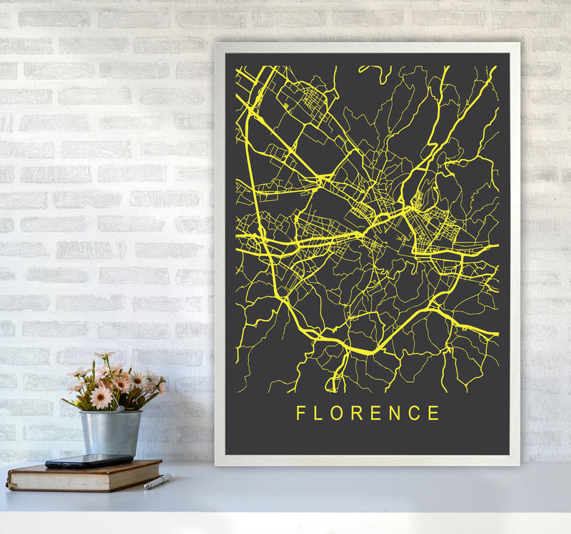 Florence Map Neon Art Print by Pixy Paper A1 Oak Frame
