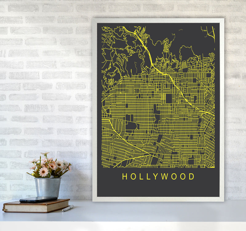 Hollywood Map Neon Art Print by Pixy Paper A1 Oak Frame